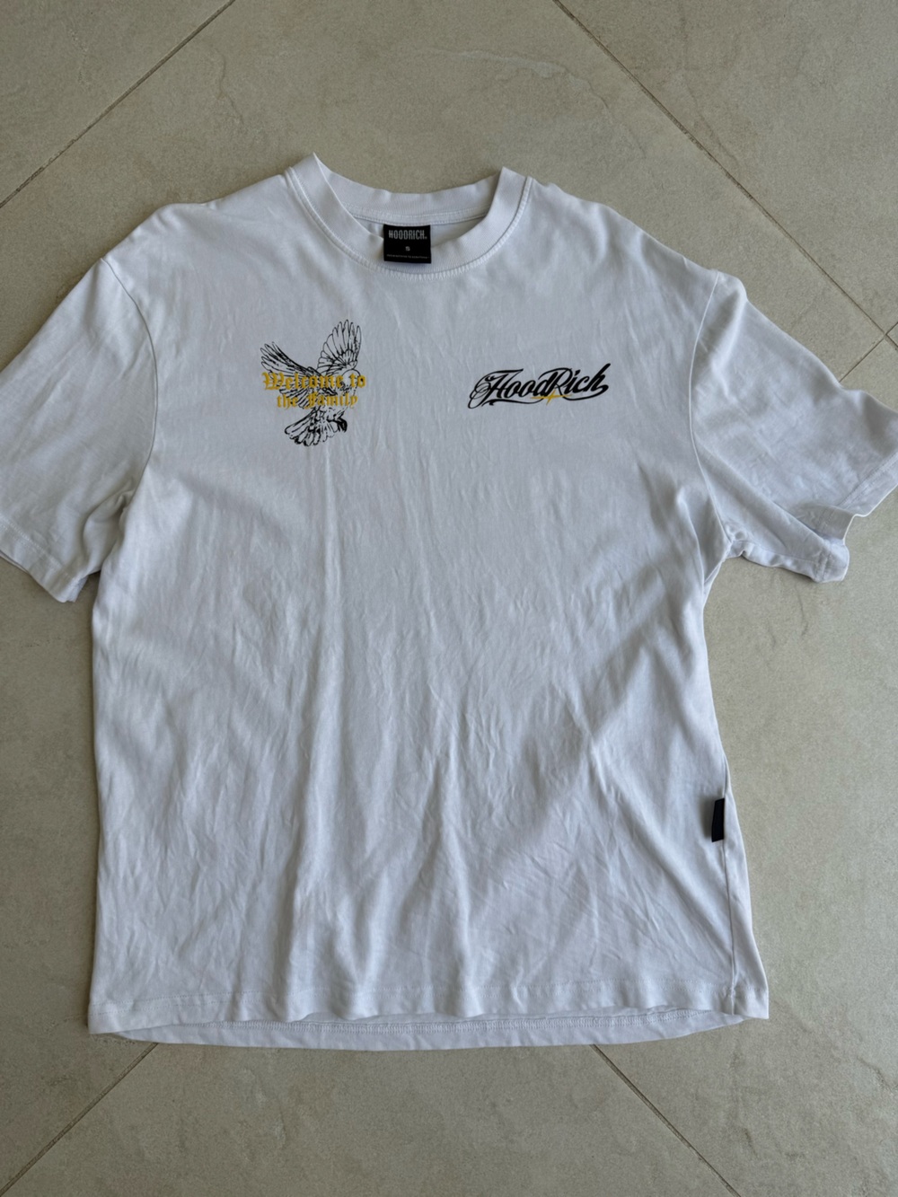 HoodRich White Short-Sleeve Graphic Tee with Yellow Accent